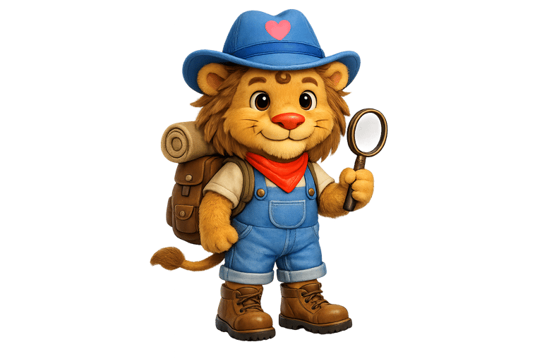 Timbiu traveller wearing a hat, carrying a rucksack and a magnifying glass