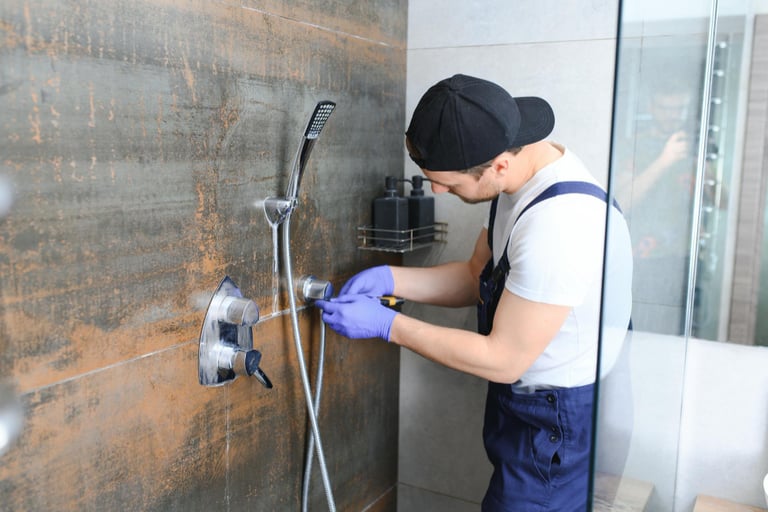 Technician wearing cap and gloves adjusting shower valve on brown tiled wall
