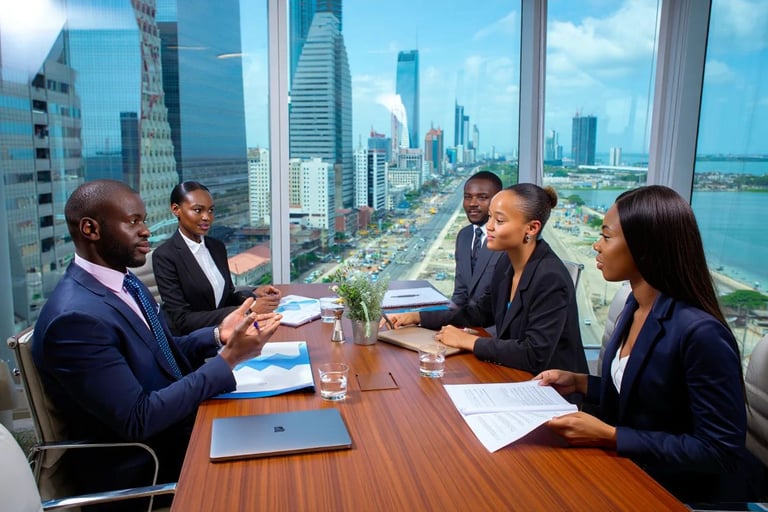 a group of business people sitting around a table