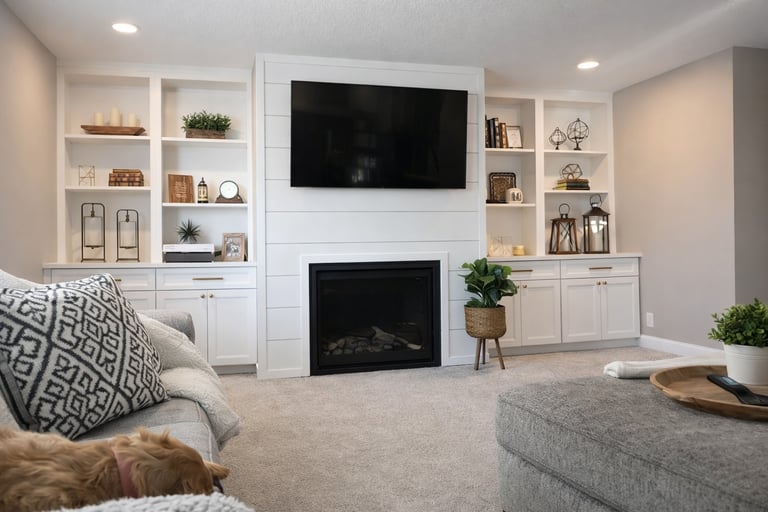 Modern living room with white built-ins, wall-mounted TV above fireplace, neutral decor, gray sofa.