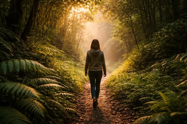 Uma mulher caminhando em uma trilha de floresta iluminada pelo sol, cercada por exuberantes samambai