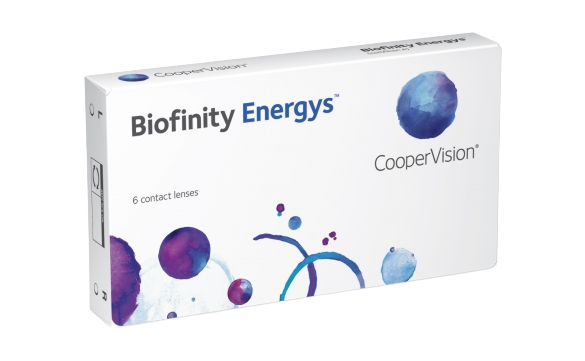 Box of CooperVision Biofinity Energys monthly contact lenses for digital eye strain relief.