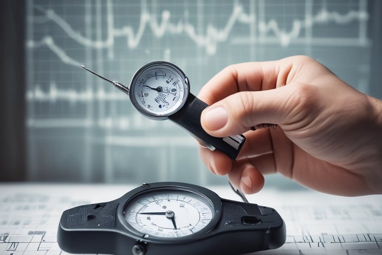 Exemple visuel : Une main gantée tenant un micromètre de précision (outil de mesure) avec, en arrièr