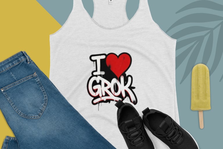Flat lay of an I Love Grok white tank top paired with blue jeans and black sneakers.