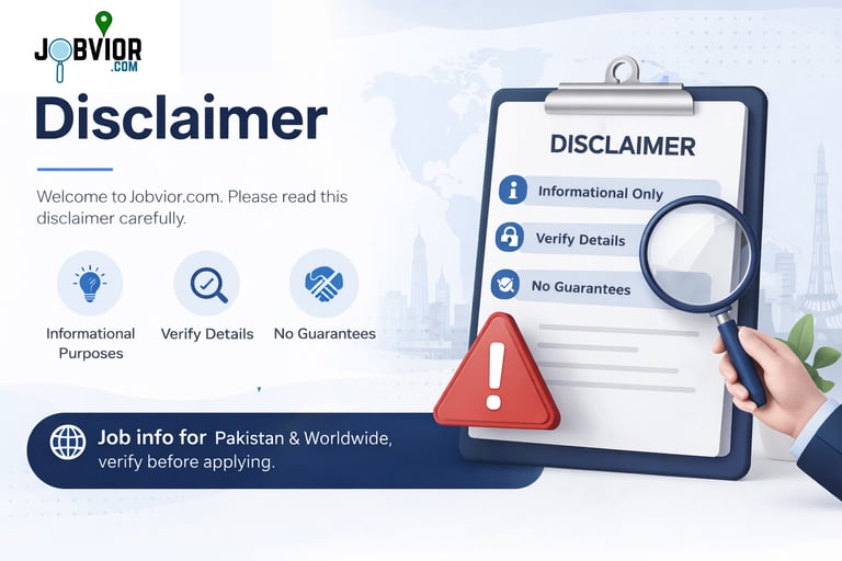 “Jobvior Disclaimer page banner showing informational notice, verify details, and no guarantees for