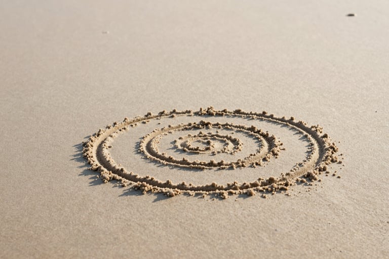 A minimalist, centered photograph of a simple spiral motif drawn in sand. Soft evening light, warm cream sand, serene and meditative atmosphere. North American / European beach setting.