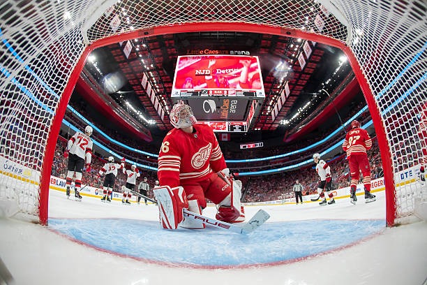 John Gibson, goalie for the Red Wings, in the 3rd period at Little Caesars Arena on April 11, 2026 in Detroit, Michigan
