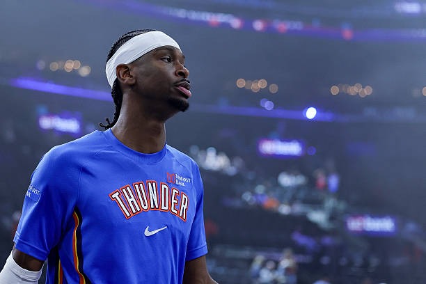 Shai Gilgeous-Alexander #2 of the Thunder warms up before an NBA game vs. L.A. Clippers on 4/8/26 in Inglewood, CA