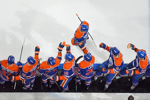 Matt Savoie (Oilers) celebrates a goal at during the game vs. Vancouver Canucks @ Rogers Place on 4/16/26, in Edmonton, AB