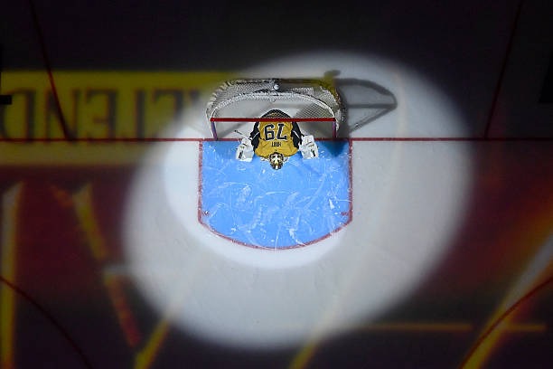 Carter Hart, goalie for the Vegas Golden Knights, during game 1 of the NHL playoffs vs. Utah Mammoth (april 19 2026)