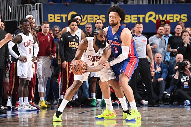 Cade Cunningham guarding James Harden during game 5 of the Pistons-Cavaliers playoff match-up (May 13, 2026)