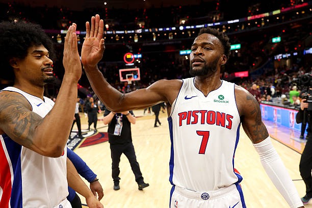 Paul Reed and the Pistons celebrate following their game 6 victory against the Cavaliers (May 15, 2026)