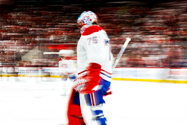 Jakub Dobes #75 of the Montreal Canadiens during game 2 of the ECF against the Carolina Hurricanes (May 23, 2026 in Raleigh)