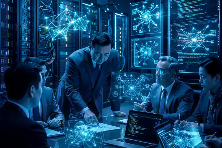 Tech team managing digital systems in a modern data center.