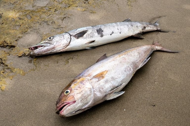 two dead fish on beach shore