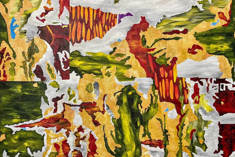An abstract, colorful painting features distressed, ripped paper textures in red, yellow, green, and white, creating a
