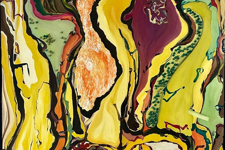 Abstract oil painting featuring organic shapes in yellow, purple, and orange with textured green details.