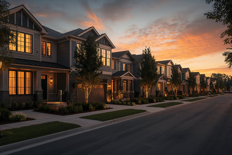 Modern suburban townhomes at sunset with warm exterior lighting and a vibrant orange sky.