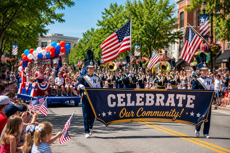 A high school marching band and festive parade float celebrate a community Fourth of July event.