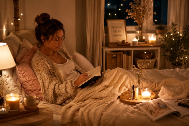 A young woman writing in her journal in a cozy bedroom with warm candle lighting and fairy lights.