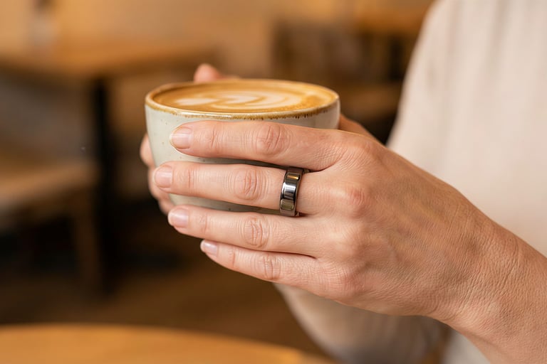 a woman holding a cup of coffee in a cafe and wearing an oura ring