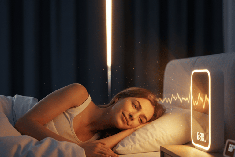 A woman sleeping peacefully in bed with a glowing smart sunrise alarm clock and sleep tracker.