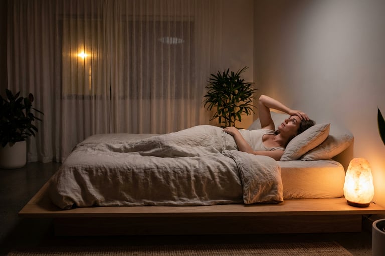 a man laying in bed with a lamp on the side