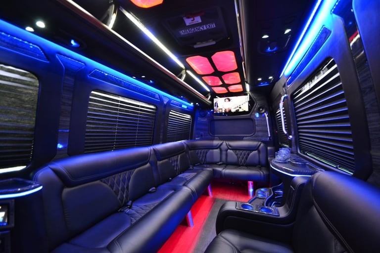 Mercedes Sprinter Limo interior with amenities in NJ, NY, MA, CT 