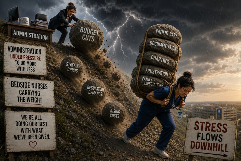 Illustration of a stressed healthcare administrator and nurse carrying patient care, documentation, and workplace stress.
