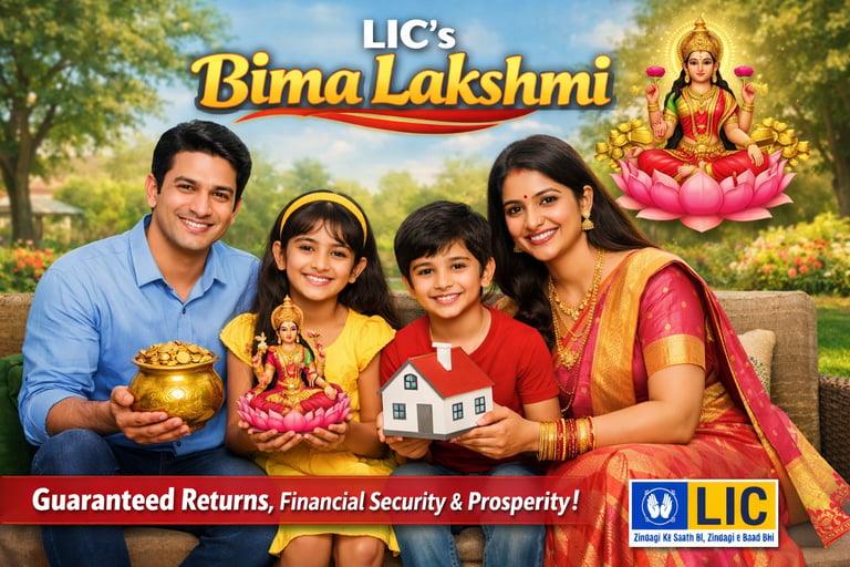 An LIC Bima Lakshmi promotional image featuring a family with Goddess Lakshmi