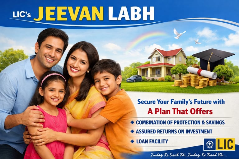 An LIC Jeevan Labh advertisement featuring a happy family