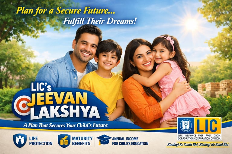 A promotional poster for LIC Jeevan Lakshya featuring a happy family with icons for education income