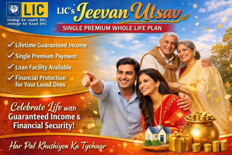 LIC Jeevan Utsav featuring a family and listing benefits like lifetime guaranteed income