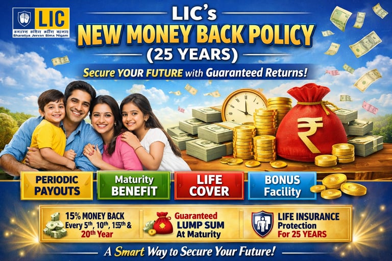 An LIC Money Back 25 Years policy infographic showing a happy family