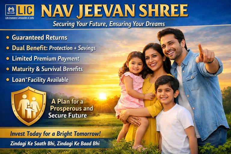 An LIC Nav Jeevan Shree promotional banner showing a family at sunrise