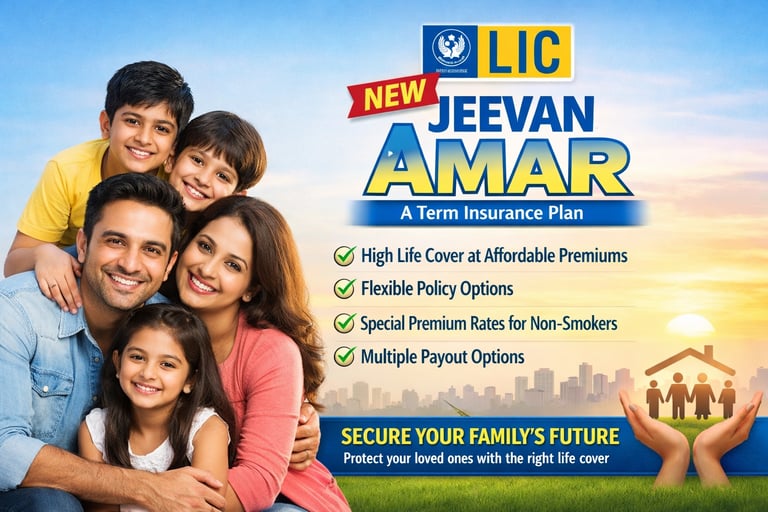 An LIC New Jeevan Amar promotional banner featuring a family