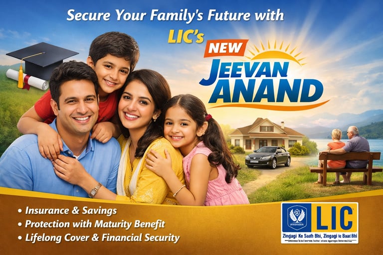 LIC New Jeevan Anand featuring a family, a home, and education symbols, highlighting insurance,