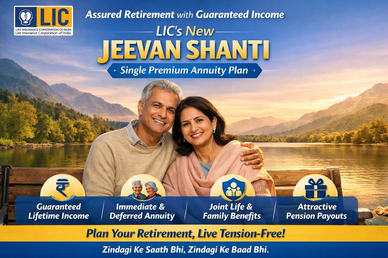 An LIC New Jeevan Shanti promotional banner featuring a couple
