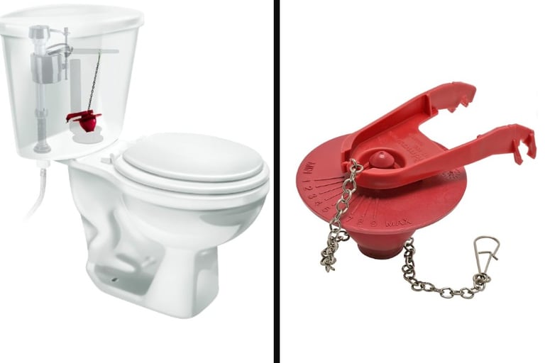 A collage of two pictures showing a toilet flapper and where it sits in the tank.