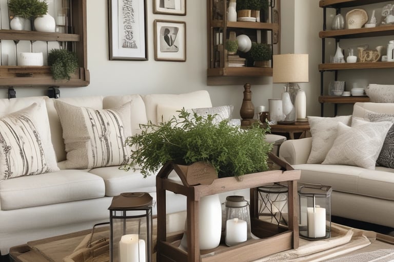 farmhouse living room with neutral seating, rustic wood accents, lanterns, and greenery