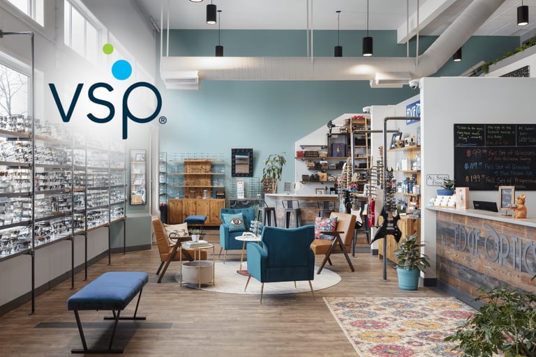 Interior of Edge Optics Fort Collins location, with VSP insurance logo