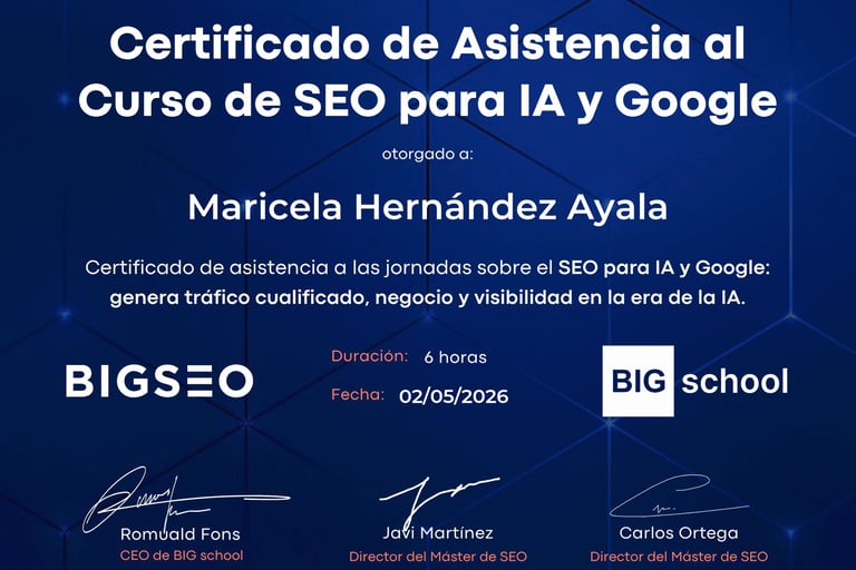Certificado de asistencia de Maricela Hernandez Ayala a un curso de IA y SEO de Google impartido por