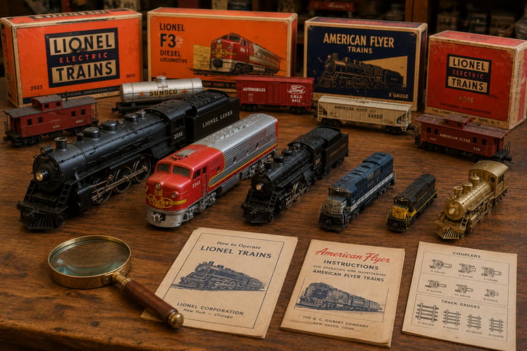 Vintage model trains in multiple scales displayed to help identify brands and collection types.