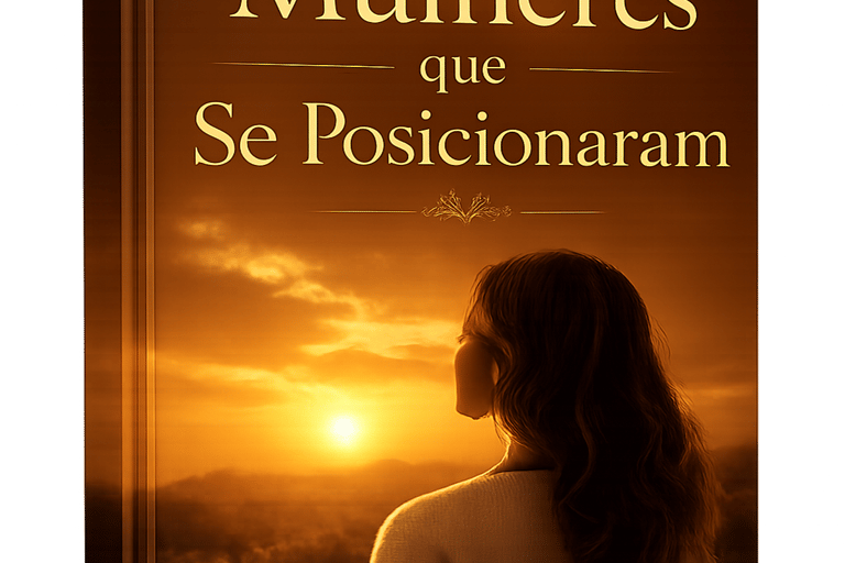 Book cover titled Mulheres que Se Posicionaram featuring a woman watching a golden sunset over a valley.