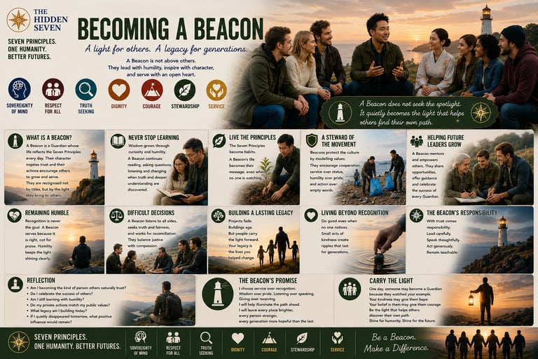 Infographic titled Becoming a Beacon illustrating seven principles for leadership and community service with diverse group