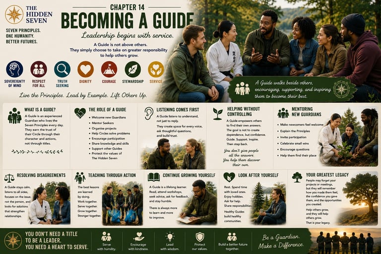 Infographic titled Becoming a Guide detailing leadership principles with diverse groups of people in outdoor and indoor