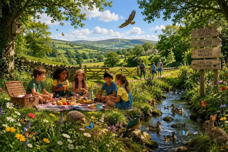 Diverse children enjoy a picnic in a sunny countryside meadow with wildlife and a flowing stream.