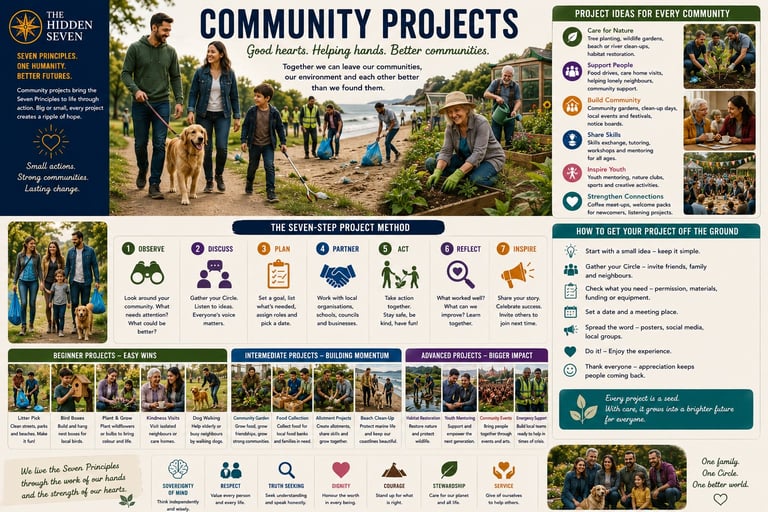Infographic showing community project ideas and a seven-step method for volunteering and local social impact.