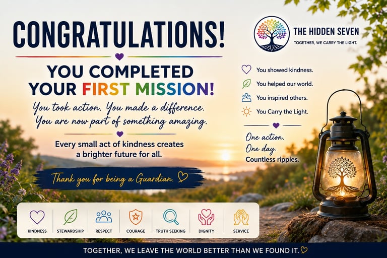 The Hidden Seven completion certificate with a lantern at sunset, celebrating acts of kindness and service.