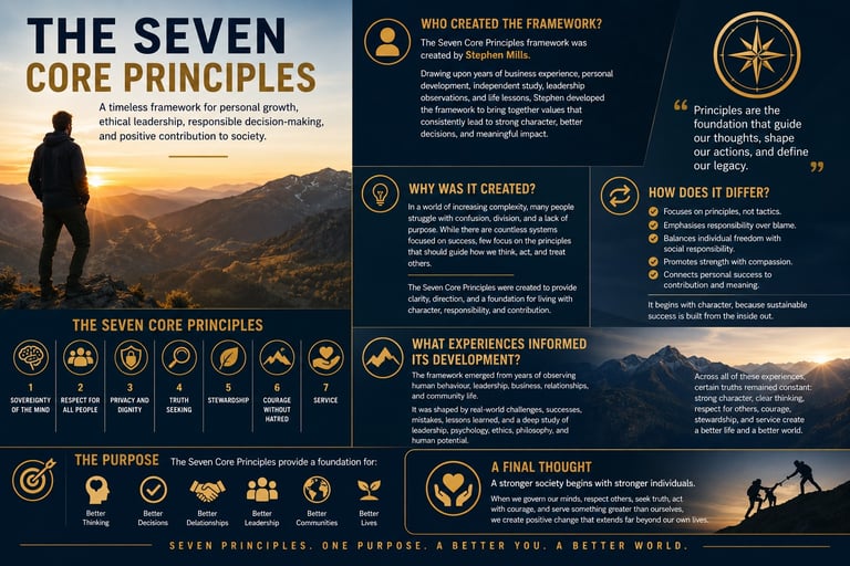 Infographic detailing The Seven Core Principles framework for personal growth and ethical leadership.